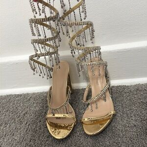 Gold crystal wrap around heels